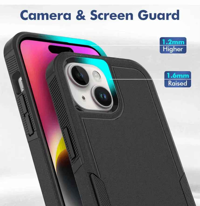 Techplus iPhone 14 dual layer armor hard case showcasing a rugged mobile phone case with reinforced edges and textured back.