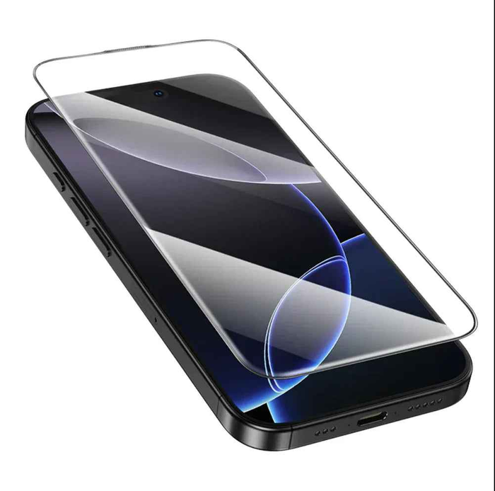 Clear glass screen protector for iPhone 14 by techplus, showing a close-up of the transparent, scratch-resistant surface.