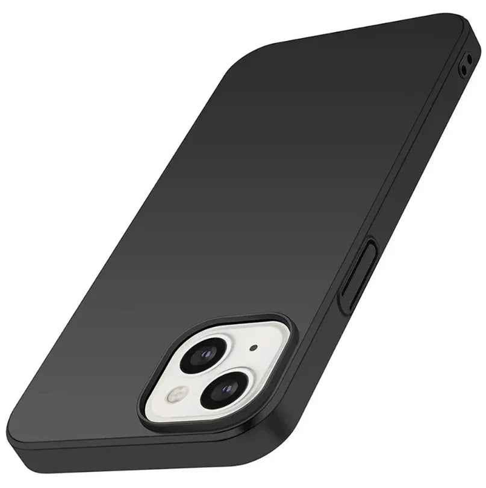 Black silicone case for iPhone 14 Plus by techplus, soft protective cover with a smooth finish and precise cutouts.