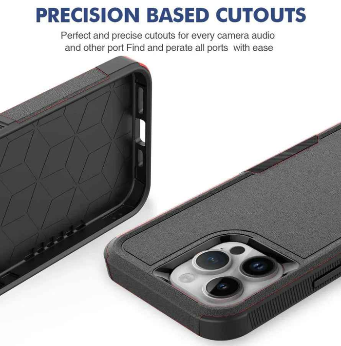 Techplus iPhone 15 Pro dual layer armor hard case showing its rugged design and precise cutouts for protection and style.