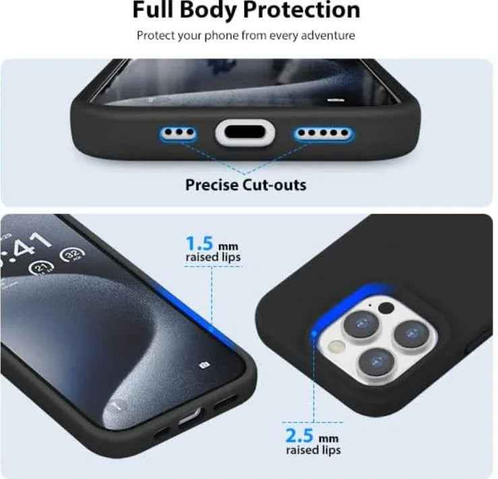 Techplus iPhone 15 Pro silicone case in black, blue, and red with soft protective cover and smooth texture.
