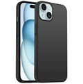 Black TechPlus silicone case for iPhone 15, soft protective cover with a smooth finish, designed to fit snugly around the phone.