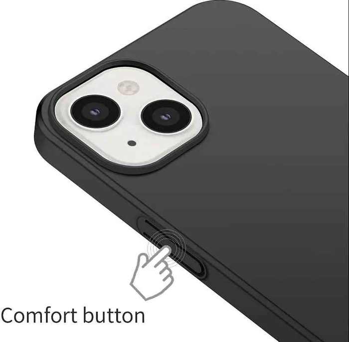 Black TechPlus silicone case for iPhone 15, soft protective cover with a smooth, flexible texture for added phone safety.
