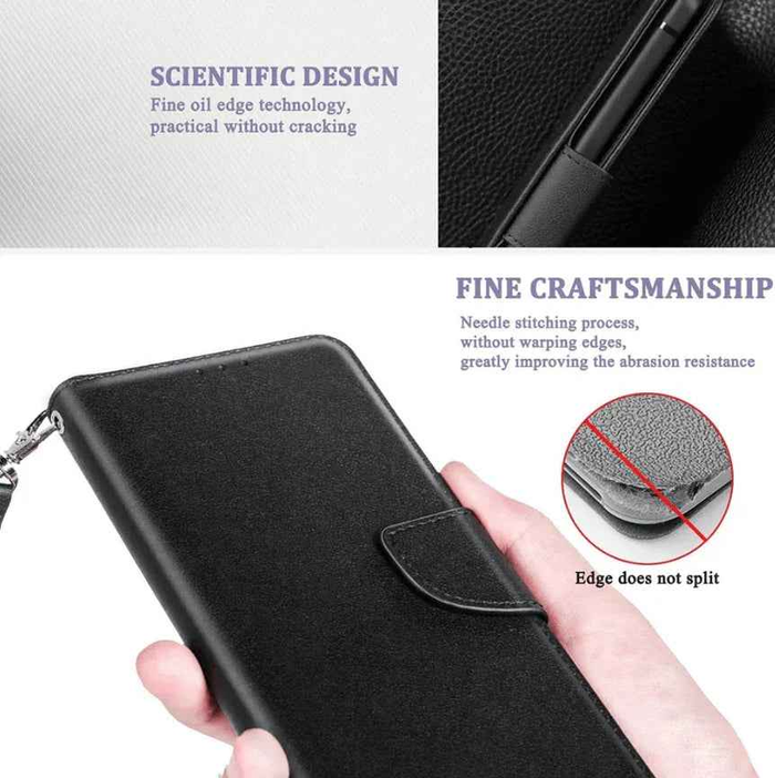 Techplus black leather iPhone 15 wallet case with slim flip cover, offering protective and stylish phone storage.