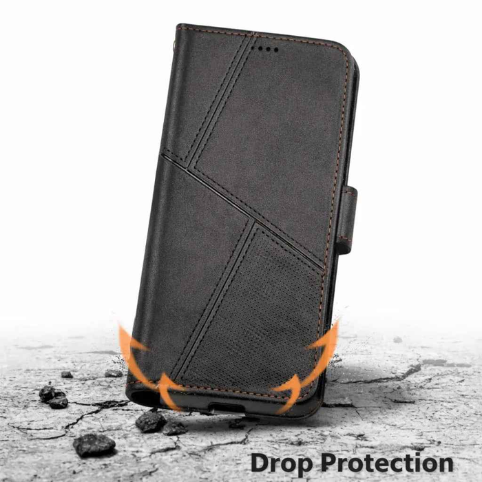 Techplus iPhone 16 Pro Max flip wallet case with black cowhide dot pattern and card slots for stylish protection.