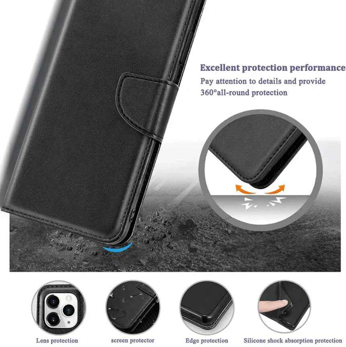 Black TechPlus iPhone 16 Pro Max wallet case with slim leather flip cover and built-in card holder, designed for protection and convenience.