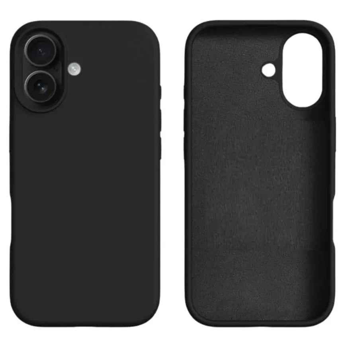 Black silicone case for iPhone 16 by TechPlus, soft protective cover with a smooth finish and precise cutouts.