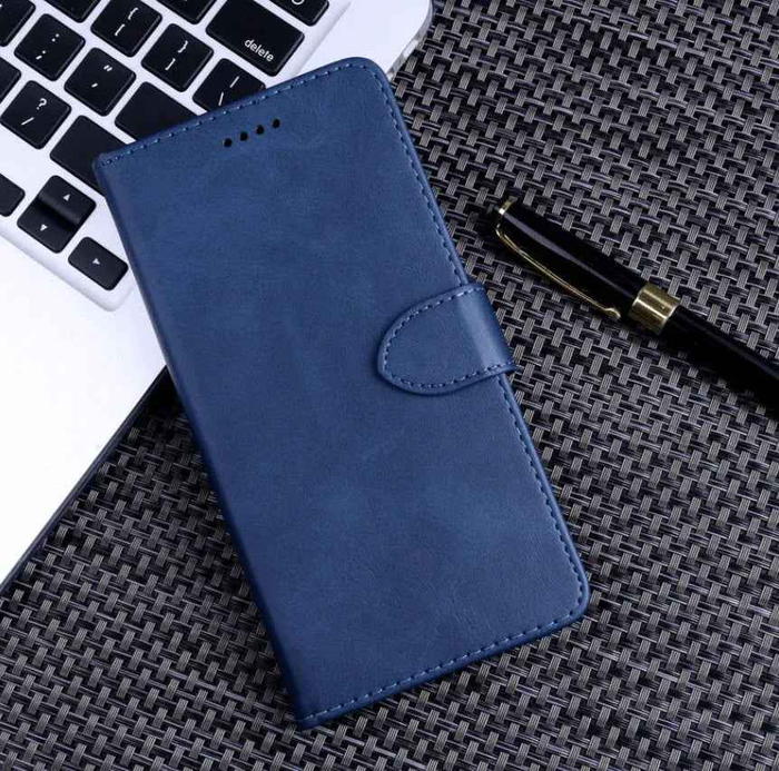 Black TechPlus iPhone 16 wallet case, slim leather flip cover with built-in card holder on the back.