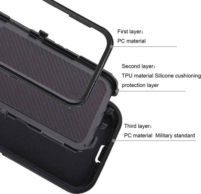 Techplus iPhone 16e triple-layer armor hard phone case showing durable, rugged design with reinforced edges and textured surface.