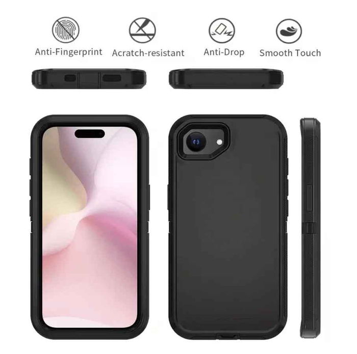 Techplus iPhone 16e triple layer armor hard case showing rugged black design with reinforced edges