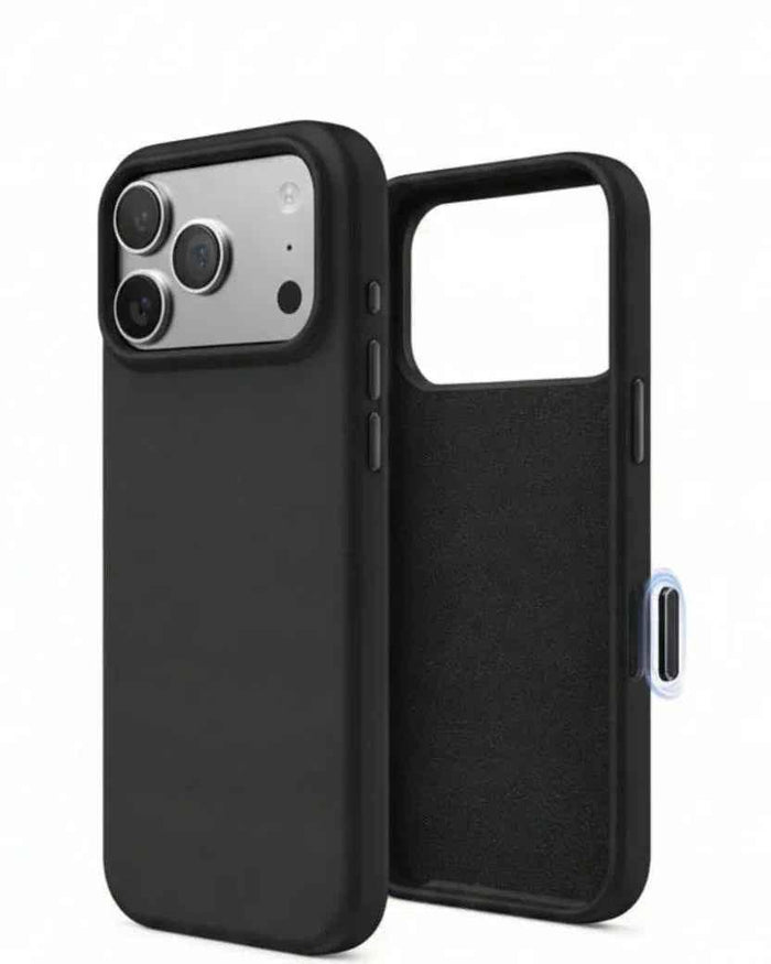 Black silicone case for iPhone 17 Pro by TechPlus, soft protective cover with smooth finish and precise cutouts.