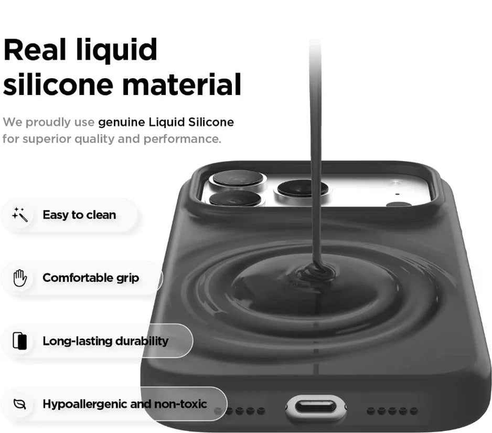 Black silicone case for iPhone 17 Pro by TechPlus, soft protective cover with a snug fit and smooth finish.