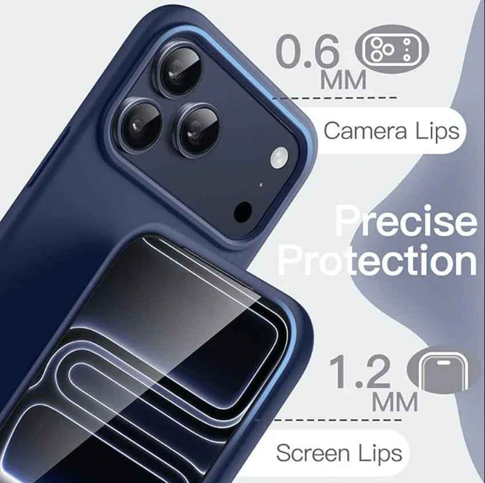 Navy blue silicone case for iPhone 17 Pro by TechPlus, soft protective cover with smooth texture and precise cutouts.