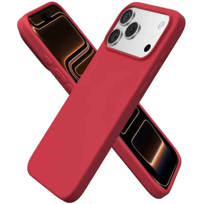 Red silicone case for iPhone 17 Pro by techplus, soft and protective cover with precise cutouts for easy access.