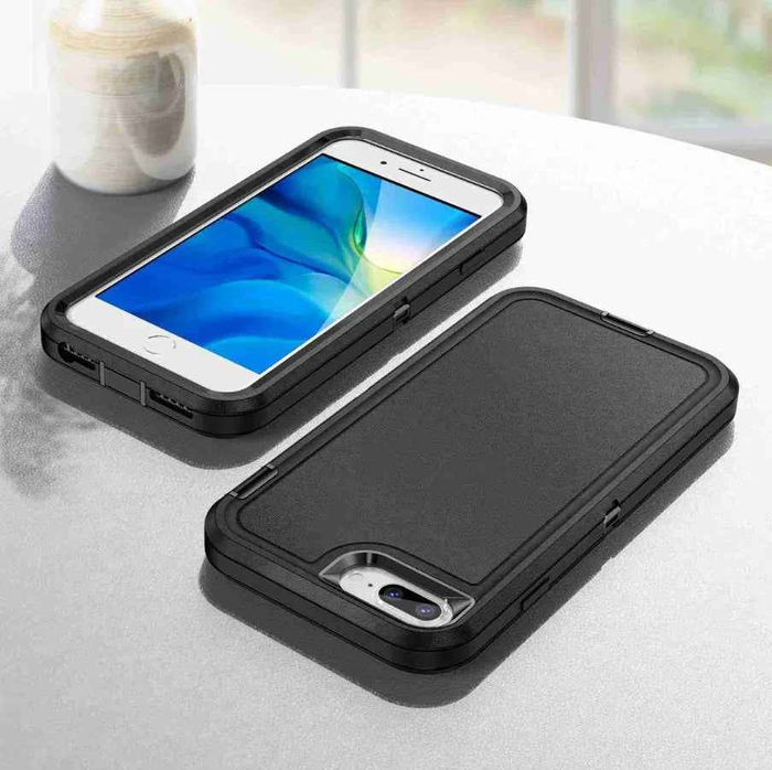 Techplus iPhone 8 Plus triple layer armor hard case showing rugged black design with reinforced edges for added protection.
