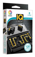 White box for a puzzle game with a black travel case, gold circuit patterns on square tiles, and 120 challenges.