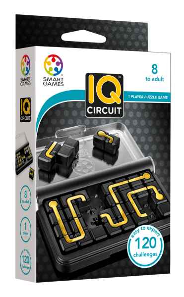 White box for a puzzle game with a black travel case, gold circuit patterns on square tiles, and 120 challenges.