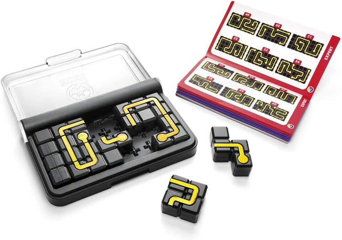 Black puzzle game with yellow circuit path pieces, a challenge book, and a travel case with a clear plastic lid.