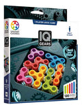 IQ Gears logic game packaging showing colorful interlocking gear-shaped pieces in a dark tray with 120 challenges.