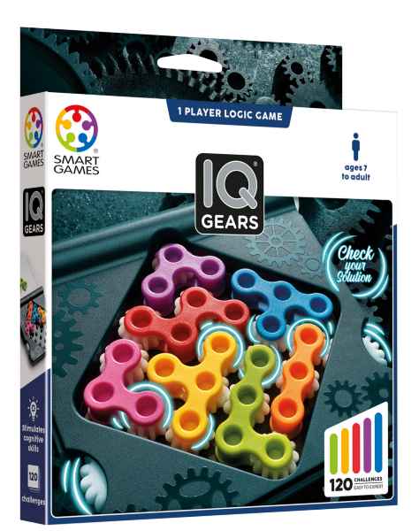 IQ Gears logic game packaging showing colorful interlocking gear-shaped pieces in a dark tray with 120 challenges.