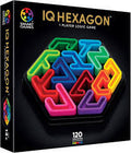 Black box for IQ Hexagon logic game showing colorful interlocking plastic pieces in a hexagonal tray.