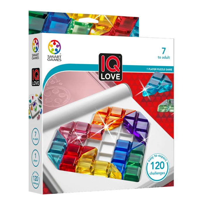 White box for IQ Love puzzle game showing jewel-toned translucent pieces in a heart-shaped tray with 120 challenges.