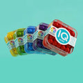 Five colorful, square IQ Mini puzzle cases in red, purple, blue, green, and yellow, containing matching small beads.