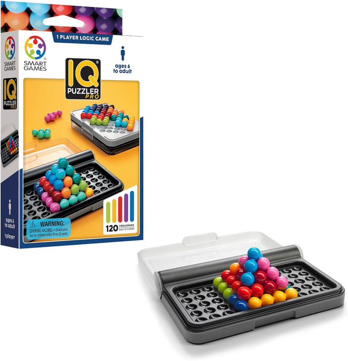 IQ Puzzler Pro box and black game tray with colorful spheres forming a 3D pyramid and various logic puzzle patterns.