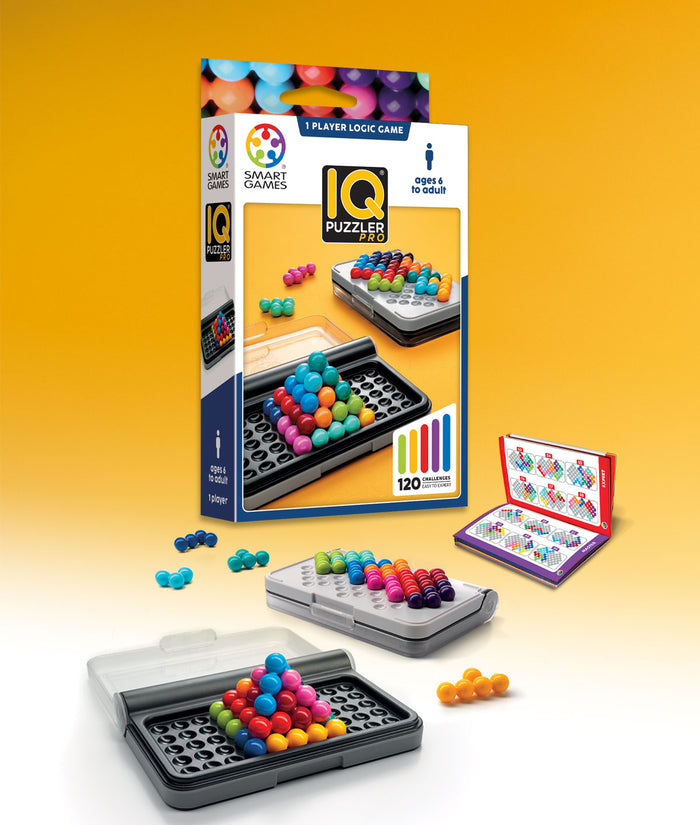 IQ Puzzler Pro box with colorful bead segments, gray game cases, and a challenge booklet on a yellow background.
