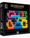 IQ Square logic game box featuring a black tray filled with colorful interlocking pink, blue, yellow and green pieces.