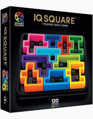 IQ Square logic game box featuring a black tray filled with colorful interlocking pink, blue, yellow and green pieces.