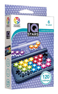 IQ Stars puzzle game box featuring colorful star-shaped pieces in a blue travel case with 120 challenges.