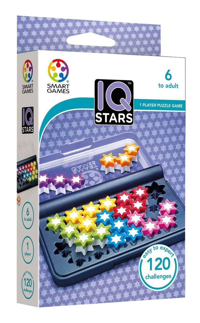 IQ Stars puzzle game box featuring colorful star-shaped pieces in a blue travel case with 120 challenges.