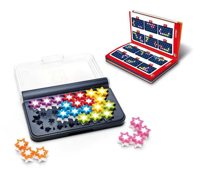 Colorful star-shaped logic puzzle with a black game board, clear lid, and a spiral-bound challenge booklet.