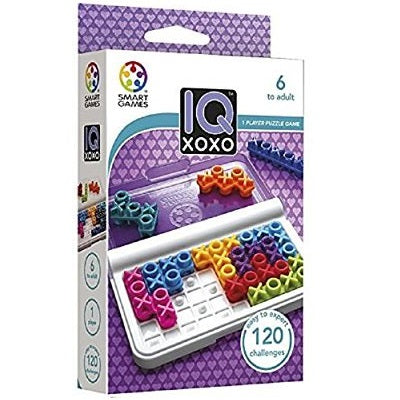 Purple IQ XOXO game box featuring a white grid case and colorful pink, blue, orange, and green X and O shaped pieces.