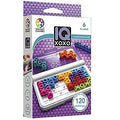 Purple IQ XOXO game box featuring a white grid case and colorful pink, blue, orange, and green X and O shaped pieces.