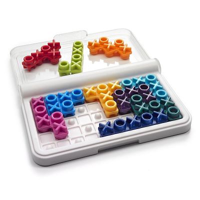 Colorful, interlocking X and O shaped plastic puzzle pieces in an open white portable grid case.