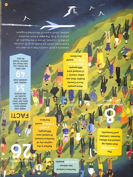 Colorful illustration of people on a map-like landscape with large numbers and yellow and blue fact boxes.