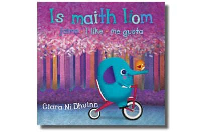 Cover of children's book featuring a blue elephant on a red bicycle in a purple forest with pink blossoms.
