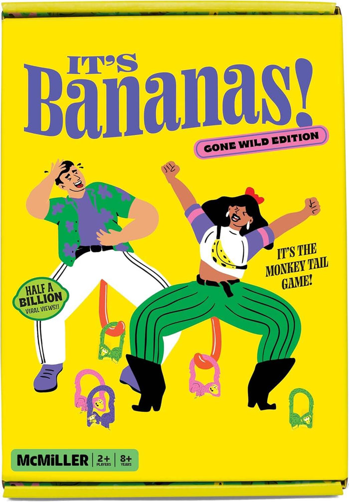 Bright yellow game box showing an illustration of people using wearable monkey tails to pick up monkey-shaped hoops.