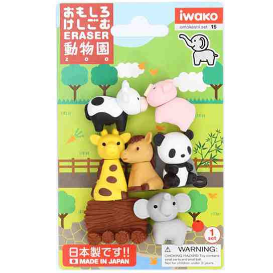 Iwako Zoo set with 6 colorful animal-shaped puzzle erasers including a cow, pig, giraffe, and panda in a blister pack.