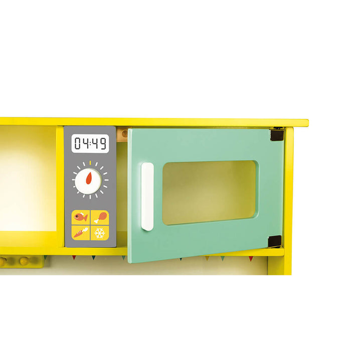 Yellow wooden toy microwave with a mint green door, white handle, and a grey control panel with food icons.