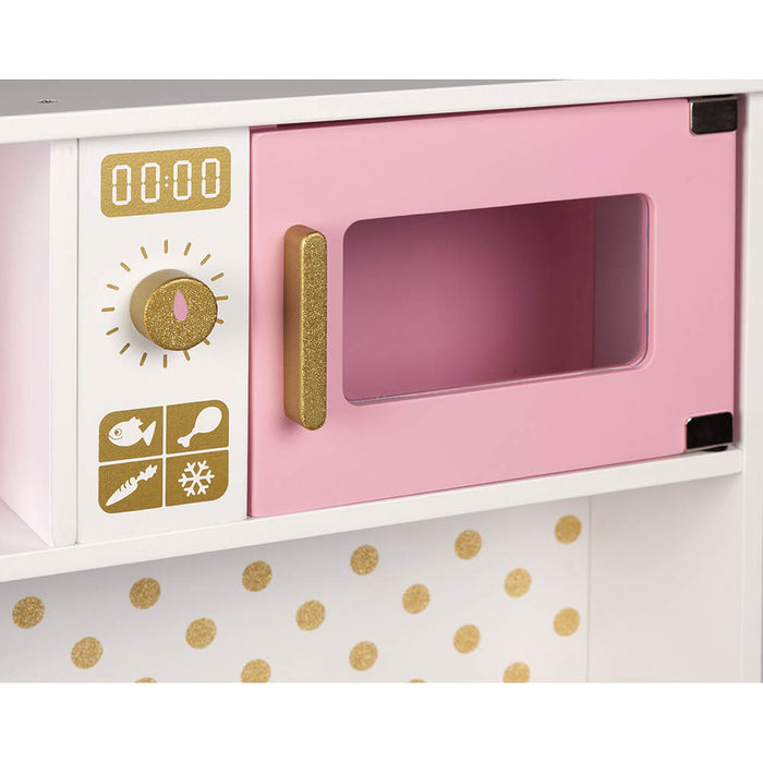 Pink and white wooden toy microwave with gold glitter handle, digital timer, and food icon control panel.