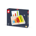 Janod educational toy box showing a wooden board with colorful blocks of varying heights and a math addition card.
