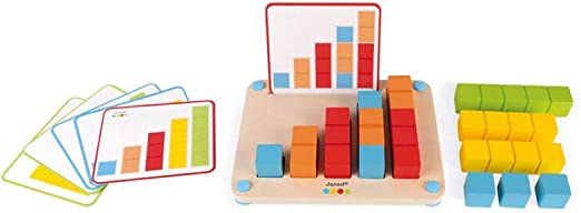 Wooden toy with colorful blocks, a slotted base, and pattern cards for building bar charts and learning to count.