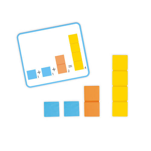 Activity card and matching blue, orange, and yellow blocks showing a math addition equation.