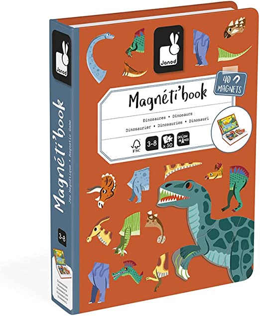 Orange book-style magnetic game box with colorful dinosaur illustrations and a large green dinosaur on the cover.