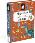 Orange book-style magnetic game box with colorful dinosaur illustrations and a large green dinosaur on the cover.
