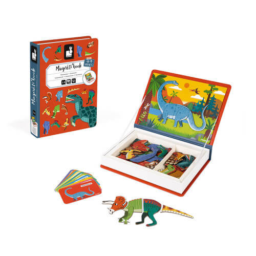 Open red book-shaped magnetic toy box with dinosaur puzzle pieces, illustrated scene, and reference cards.