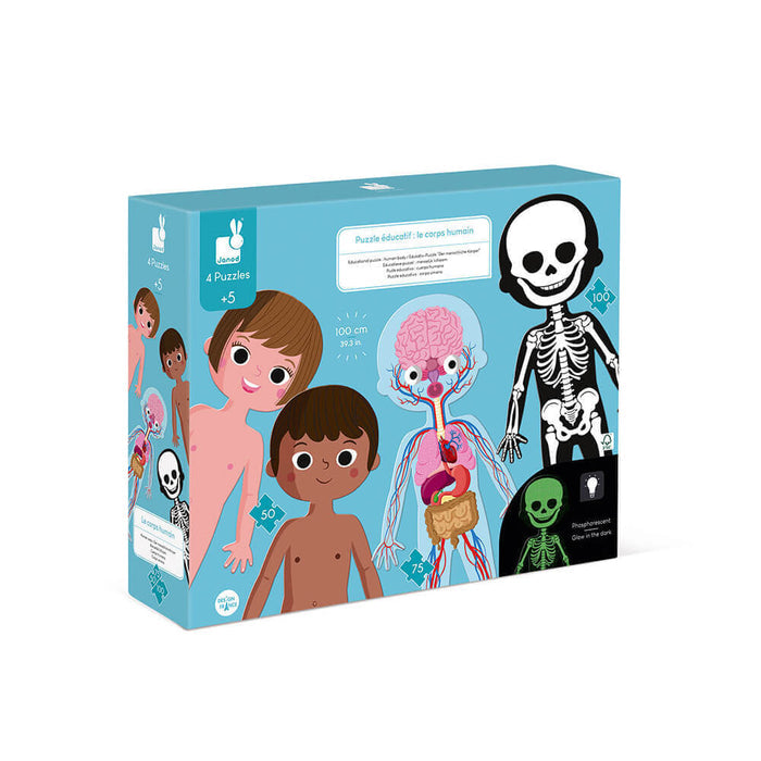 Blue Janod box with four giant human body puzzles: boy, girl, internal organs, and a glow-in-the-dark skeleton.